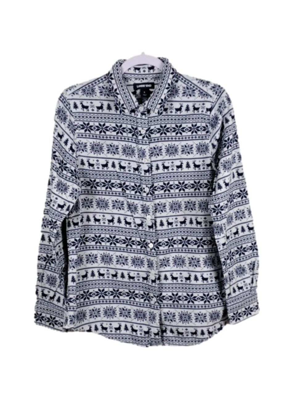 Lands'End Blue White Nordic Style Pointed Collar Long Sleeve Button Down Shirt